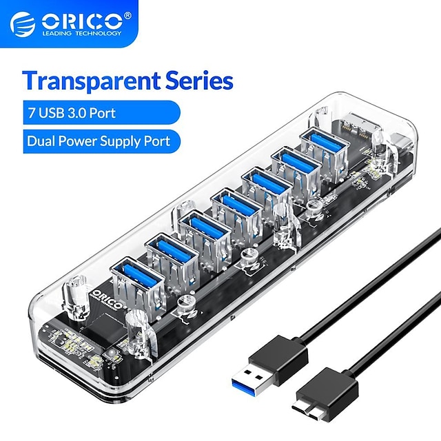  ORICO Transparent Series USB HUB 7 Port USB 3.0 Splitter with Dual Power Supply Port For Desktop Laptop Computer Accessories