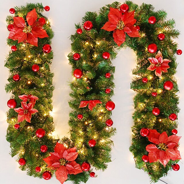  Wreath Santa For Front Door Window Rattan Garland Decorations Easy to Install Merry Christmas Light up Round 1 pcs Christmas Green Red 2.7M