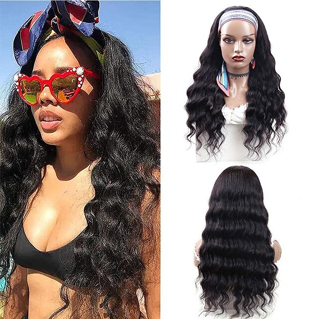 

Human Hair Wig Long Loose Curl With Headband Natural Party Best Quality New Arrival Capless Brazilian Hair Women's Natural Black #1B 12 inch 14 inch 16 inch Daily Thanksgiving New Year