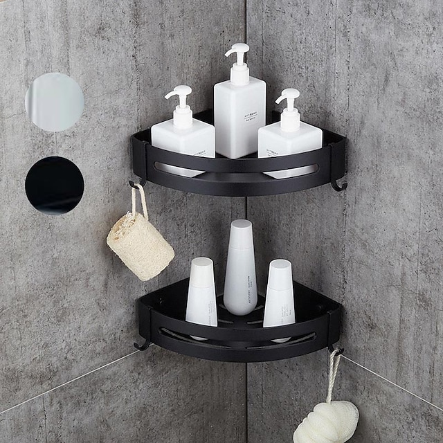  brusekabine badeværelse hyldeplads aluminium børstet sort og sølvfarvet vægbeslag trekant brusehjørne opbevaringsstativ badetilbehør enkeltlag
