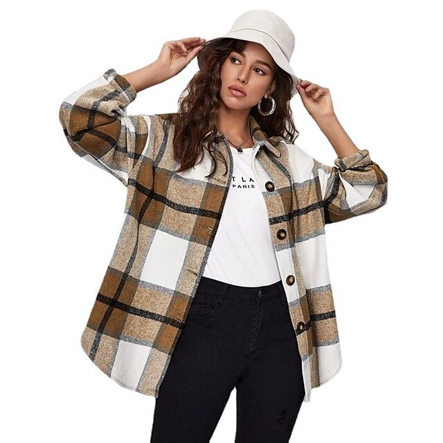 Womens Clothing Womens Outerwear | Womens Coat Daily Going out Spring &Fall Coat Shirt Collar Loose Classic Daily Shacket Jacket