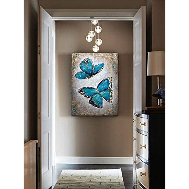 Home & Garden Wall Art | Hand Painted Beautiful Butterfly Oil Painting on Canvas Modern Abstract Teal Blue Gold Art Artwork for 