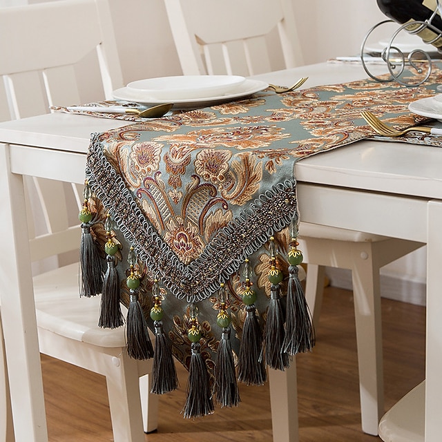 Chenille Tassel Fringe Tablecloth Desk Fabric Cover Jacquard Floral Decor 