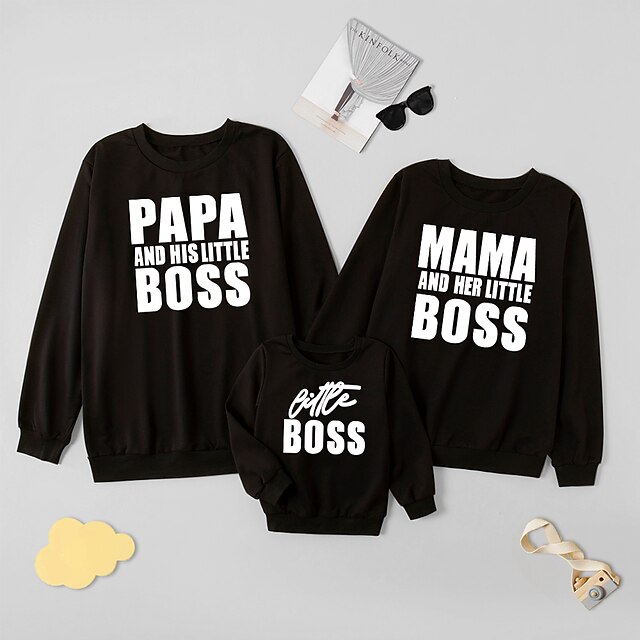 Baby & Kids Matching Outfits | Family Look Tops Sweatshirt Letter Daily Print Black Long Sleeve Daily Matching Outfits / Fall / 