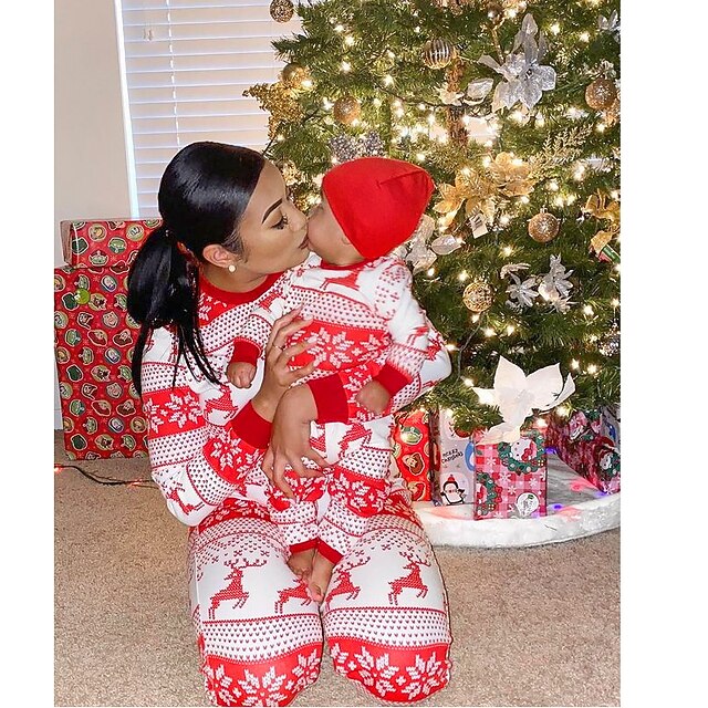 Family Christmas Pajamas Cotton Graphic Home Print Red Long Sleeve Mommy And Me