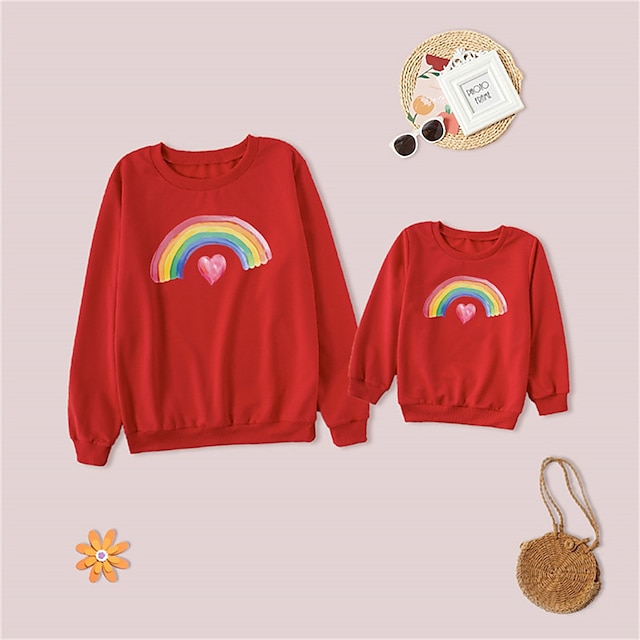 Baby & Kids Matching Outfits | Mommy and Me Tops Sweatshirt Rainbow Heart Daily Print White Black Red Long Sleeve Daily Matching