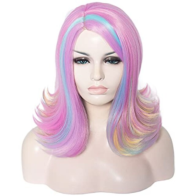 Beauty & Hair Wigs & Hair Pieces | Rainblow Lolita Wig Retro Vintage Flap Wavy Unicorn Costume Wig Purple Pink Central Part Heat