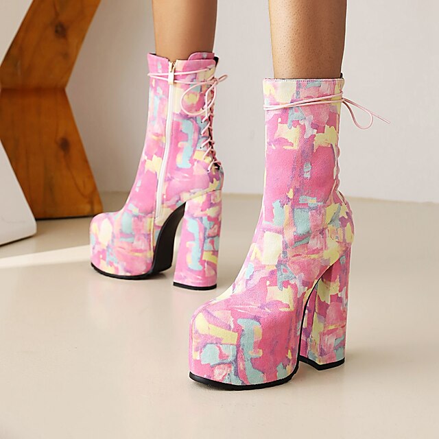 Mujer Botas Tacón Cuadrado Dedo redondo Botines Botines Fiesta Diario Cuero  Nobuck Con Cordón Floral Rosa Rojo / Botines / Hasta el Tobillo 8905634  2021 – $86.13