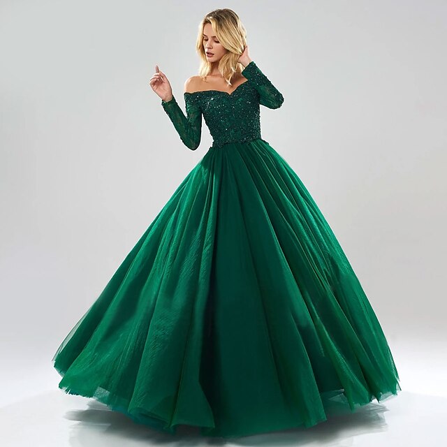  Ball Gown Evening Gown Sparkle Dress Quinceanera Prom Floor Length Long Sleeve Off Shoulder Tulle with Beading Sequin 2024