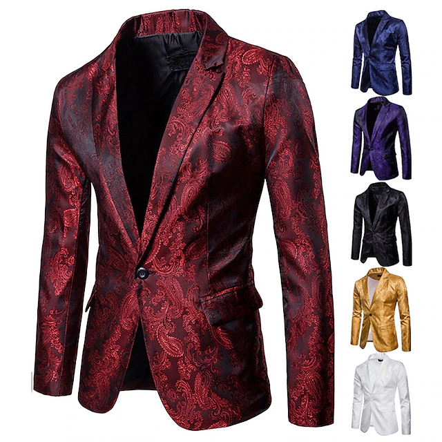 Men's Jacket Blazer Wedding Party Thermal Warm Pocket Jacquard Winter Floral Streetwear Elegant Peaked Lapel Regular Cotton Black Yellow Red Navy Blue Purple Jacket 23