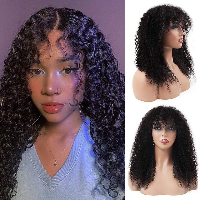 

Human Hair Wig Long Kinky Curly With Bangs Natural Party Best Quality New Arrival Capless Brazilian Hair Women's Natural Black #1B 8 inch 10 inch 12 inch Daily Thanksgiving New Year