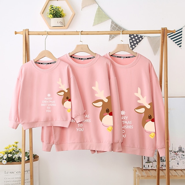 Baby & Kids Matching Outfits | Family Look Tops Cotton Deer Christmas pattern Letter Sports Print Green Black Pink Long Sleeve A