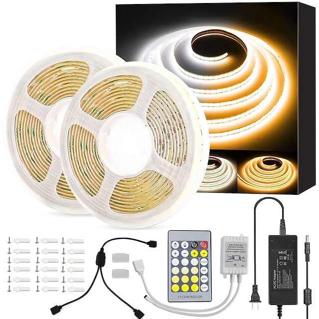  32.8ft 10m Cob Flexbile Neon LED Strip Light Waterproof IR24 Key Controller with 24V Adapter Warm Cold White for Cabinet Bedroom Kitchen TV Mirror