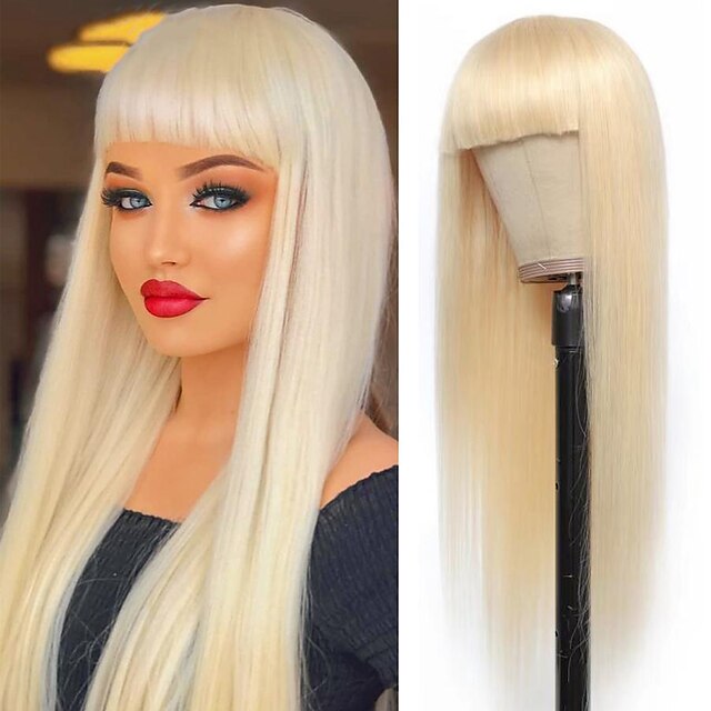 

180% Straight Human Hair Wigs With Bangs Full Machine Glueless Wigs 613 Blonde Wig Peruvian Remy Hair