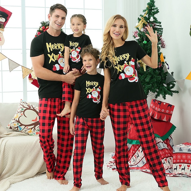  Familie-look Pyjama  Familie sets Ruitjes Brief Kerstman Sport Afdrukken Zwart Korte mouw Mama En Ik Outfits Actief Bijpassende outfits