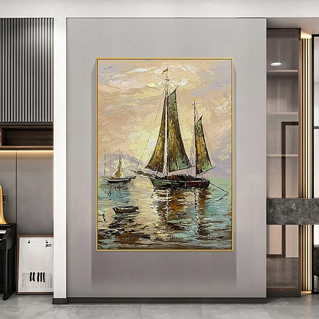 Home & Garden Wall Art | Oil Painting Handmade Hand Painted Wall Art Abstract Seascape Golden Sailboat Home Decoration Decor Str