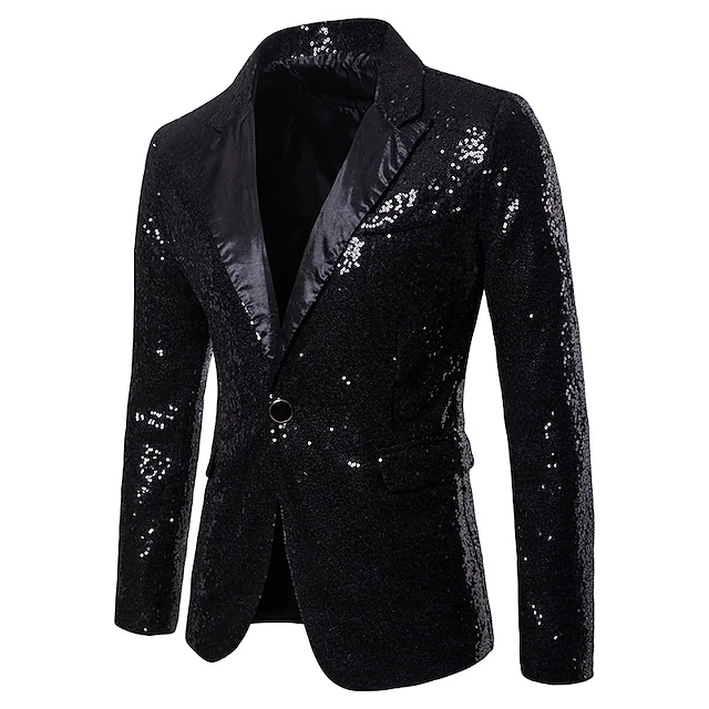 Men's Jacket Blazer Wedding Party / Evening Reflective Glitter Sequin Spring Fall Sequin Party Shawl Collar Regular Regular Regular Fit Black Silver Red Blue Purple Jacket 7