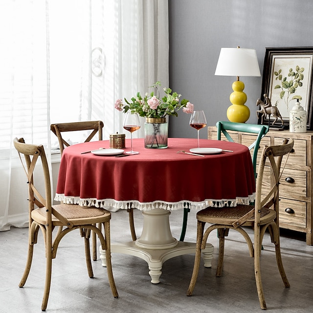  Runde Tischdecke aus rustikalem Stoff mit Quaste, Tischdecken für runde Tische, knitterfrei, schmutzabweisend, Outdoor-Tischdecke für Partyessen, runde Tischdecken