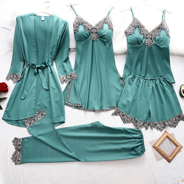 Women's Lingerie Pajama Sets 5 Pieces Satin Floral Lace Cami Top with ...