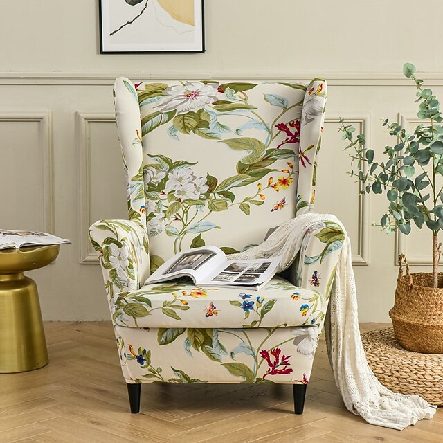 1 Set of 2 Pieces Floral Printed Stretch Wingback Chair Cover Wing