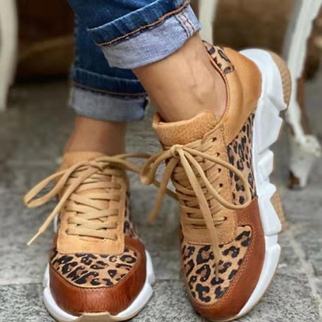  Women's Trainers Athletic Shoes Plus Size Dad Shoes Outdoor Leopard Lace-up Flat Heel Round Toe Sporty Back Country Jogging PU Leather Lace-up Leopard
