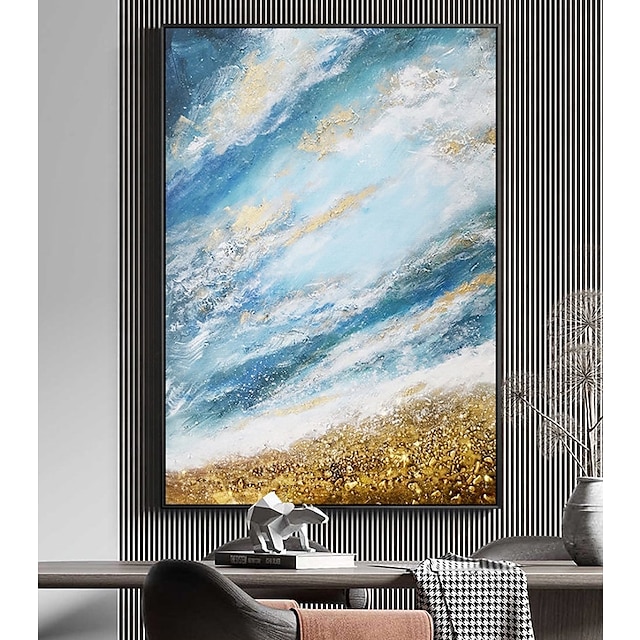 pintura al óleo hecha a mano lienzo arte de la pared decoración pintura abstracta de la hoja de oro océano azul para la decoración del hogar laminado sin marco pintura sin estirar