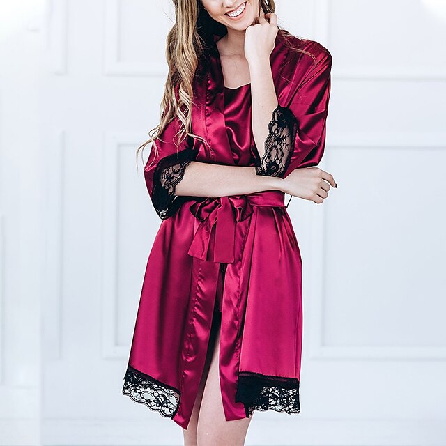 Mujer Pijamas Batas Albornoces Kimono de seda Color puro Sencillo Suave Hogar Fiesta de Boda Spa Satén Regalo Manga Larga Otoño Primavera Negro Vino