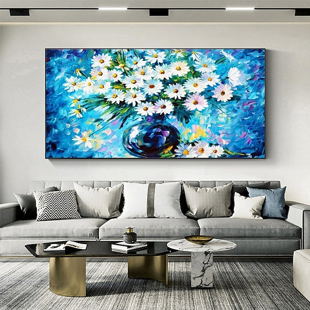 Home & Garden Wall Art | Handmade Oil Painting Canvas Wall Art Decoration AbstractFloral Painting White Chrysanthemums for Home 