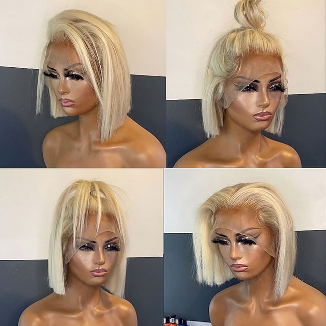

150% 44 Lace 613 Blonde Bob Front Wig Human Hair Pre Plucked Baby Hair HD Transparent Short Straight Color Frontal Wig Glueless