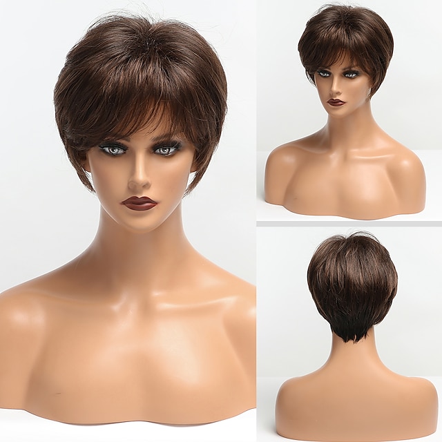 

Human Hair Capless Wigs Human Hair Straight Natural Straight Bob Pixie Cut Layered Haircut Asymmetrical Style Women Fashion Natural Hairline Brown Short Capless Wig Women's All