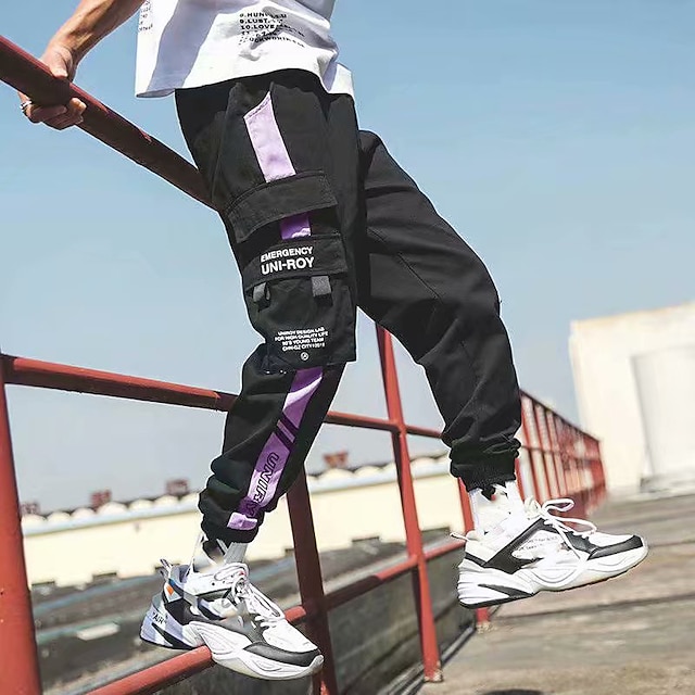  Men's Cargo Pants Cargo Trousers Joggers Trousers Techwear Elastic Waist Classic Multi Pocket Plain Outdoor Sports Ankle-Length Casual Daily Cotton Streetwear Classic Style Black-White Purple