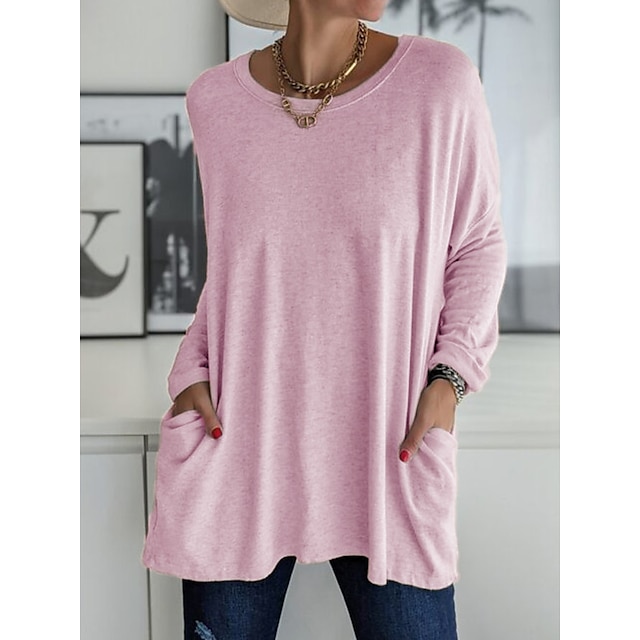  Women's T shirt Tee Black White Pink Pocket Plain Daily Weekend Long Sleeve Round Neck Fashion Regular Fit Spring &  Fall