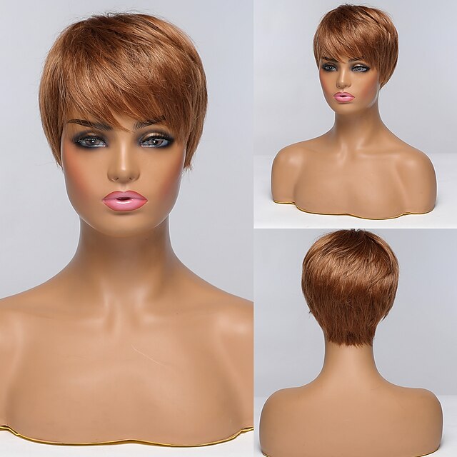 

Human Hair Capless Wigs Human Hair Straight Natural Straight Bob Pixie Cut Layered Haircut Asymmetrical Style Women Fashion Natural Hairline Brown Short Capless Wig Women's All