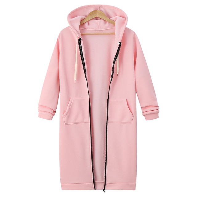  Dames Vrijetijdsjas Hoodie jas Houd Warm Zak Volledige ritssluiting Streetwear Casual Effen Kleur Straat Urheilu Dagelijks Uitgaan Rits Lang Capuchon Normale pasvorm Lange mouw bovenkleding Zwart