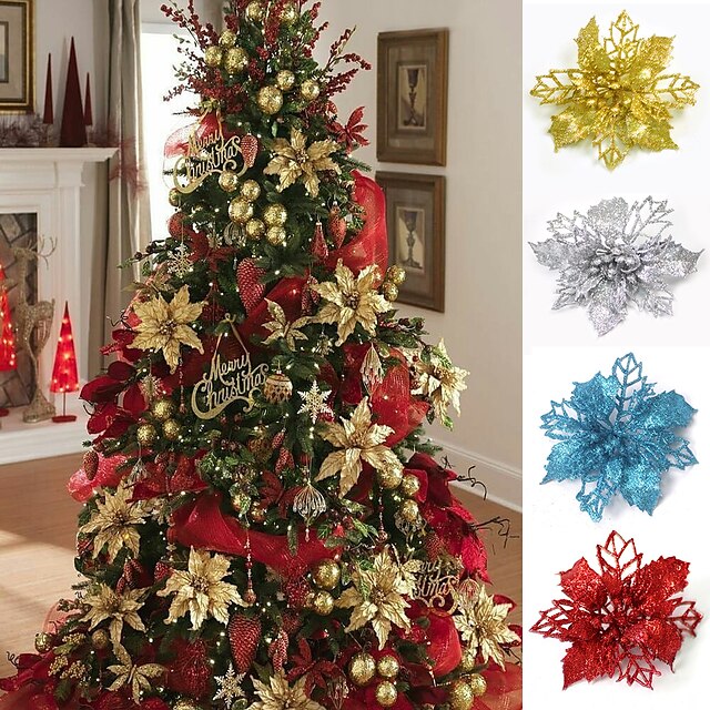  5pcs Christmas Artifical Flowers Hollow Out Glitter Xmas Tree Ornaments Fake Flower Navidad New Year Decorations Home Party