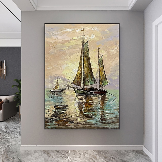 Home & Garden Wall Art | Oil Painting Handmade Hand Painted Wall Art Abstract Seascape Golden Sailboat Home Decoration Decor Str