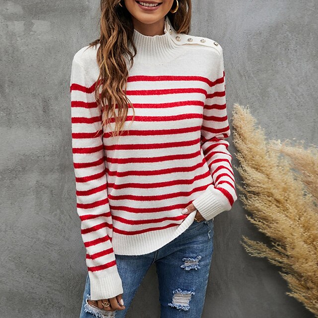  Women's Jumper Knit Button Knitted Stand Collar Striped Daily Weekend Stylish Casual Winter Fall Red Black S M L / Long Sleeve / Sweater / Regular Fit