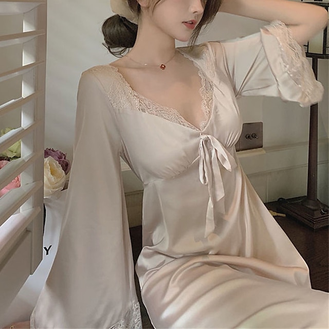 Womens Clothing Womens Sleep & Lounge | Womens Pajamas Nightgown 1 pc Pure Color Satin Simple Ultra Slim Home Daily Bed Satin Br