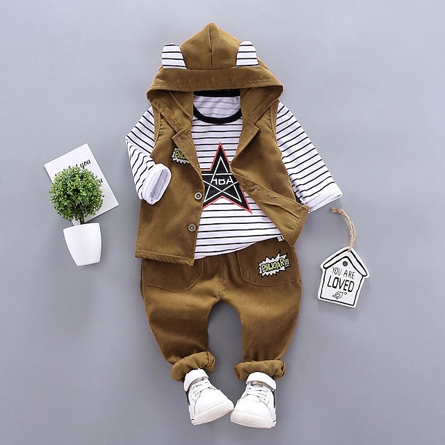  Infantil Para Meninos Conjunto de camisola com capuz Conjunto 3 Peças Manga Longa Verde Marron Listra Imprimir Rua Escola Interior Casual Legal Diário Estilo de rua Padrão 1-5 anos / Outono / Inverno