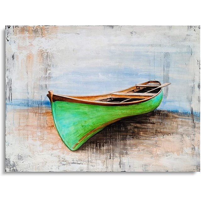 Home & Garden Wall Art | Handmade Costal Canvas Wall Art - Green Boat Oil Painting with Hand Painted Textured for Bathroom Livin