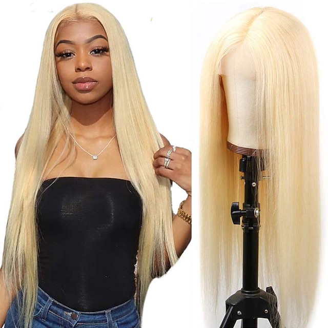 

Human Hair 4x4 Lace Front Wig Middle Part Indian Hair Burmese Hair Natural Straight Blonde Wig 180% Density Classic Easy to Carry Comfy For Women's Long Human Hair Lace Wig Lightinthebox / Daily Wear