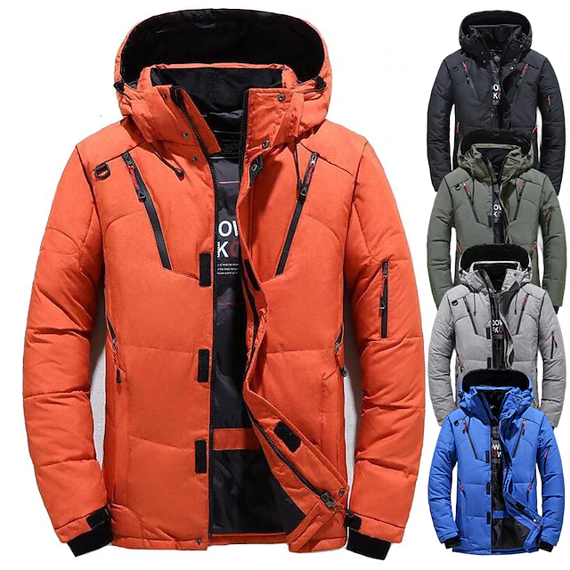Men's Down Jacket Detachable Hood Duck Down Work Daily Wear Long Casual Daily Casual Windproof Winter Pure Color Black Blue Orange Green Puffer Jacket 12