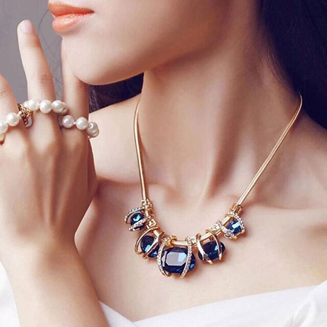  Women's Sapphire Crystal Statement Necklace Bib Aquarius Ladies European Festival / Holiday Elizabeth Locke Crystal Imitation Diamond Dark Green Blue Necklace Jewelry For Party Special Occasion