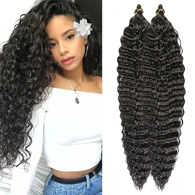 Ocean Wave Crochet Hair Extensions 6Pack 30Inch Deep Wave Curly Braids Hair #1B Natural Black Crochet Synthetic Hair Extensions 30inch 6packs 21