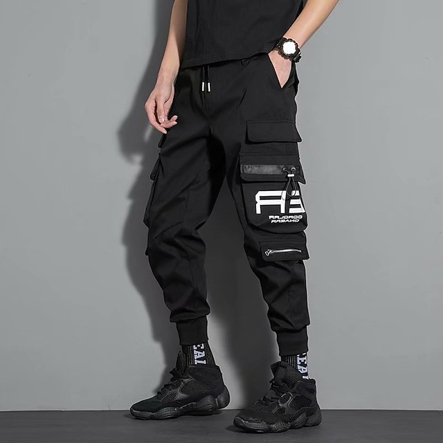  Per uomo Pantaloni cargo Pantaloni Abbigliamento tecnico Vita elastica Multi tasca Alfabetico Geometria All'aperto Sport Lunghezza intera Informale Giornaliero Athleisure Verde militare Nero