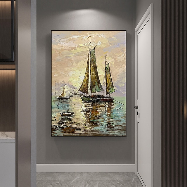 Home & Garden Wall Art | Oil Painting Handmade Hand Painted Wall Art Abstract Seascape Golden Sailboat Home Decoration Decor Str