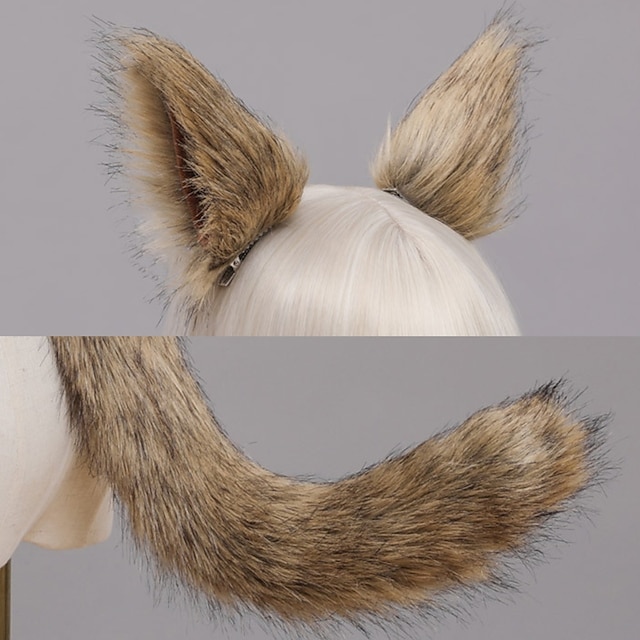  Wolf Girls Anime Cosplay Set Kawaii Foxes Ears Hair Clips Headdress Plush Tail for Halloween Party