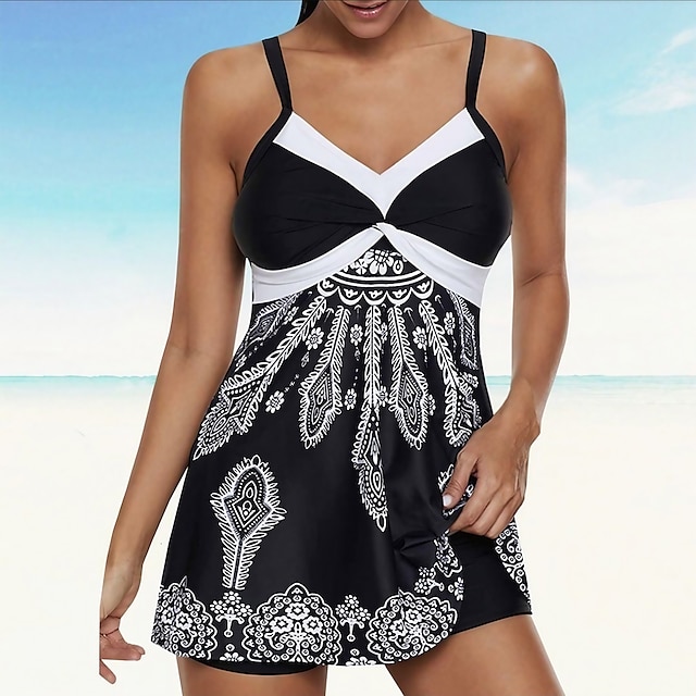  Women's Swimwear Tankini 2 Piece Plus Size Swimsuit Open Back Print Floral Blue Black Pink Red Tunic Strap Bathing Suits New Vacation Fashion / Modern / Padded Bras