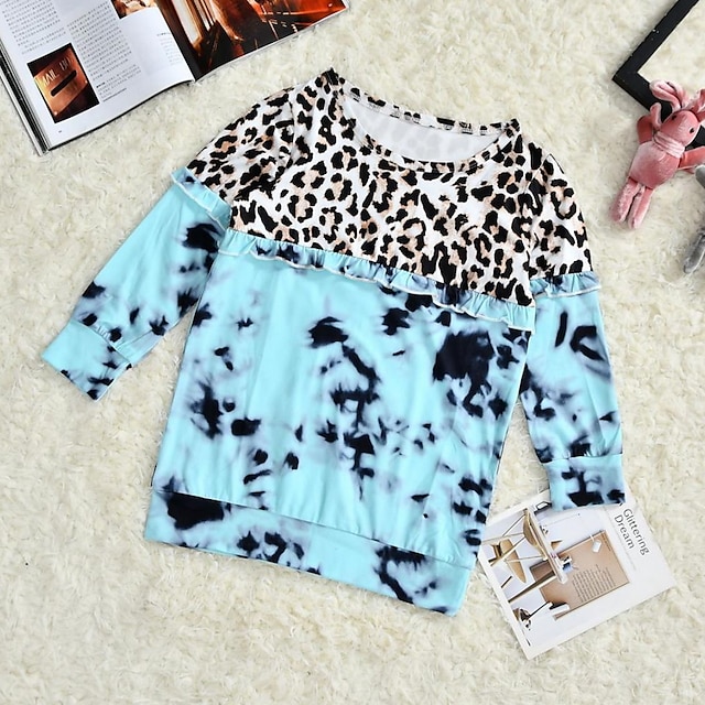 Baby & Kids Matching Outfits | Mommy and Me Tops Sweatshirt Cotton Graphic Tie Dye Leopard Sports Patchwork Light Blue Long Slee