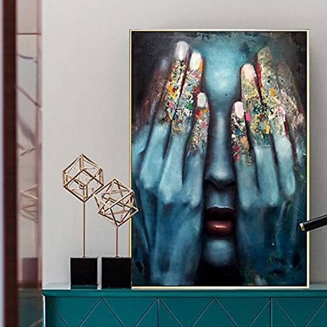  インテリア雑貨 油絵 100％ 手作り 手描き 壁画 キャンバス 目を覆う青い女性の顔 抽象的 モダン 家の装飾 装飾 ロールキャンバス ストレッチフレーム 40 * 60cm / 60 * 90cm